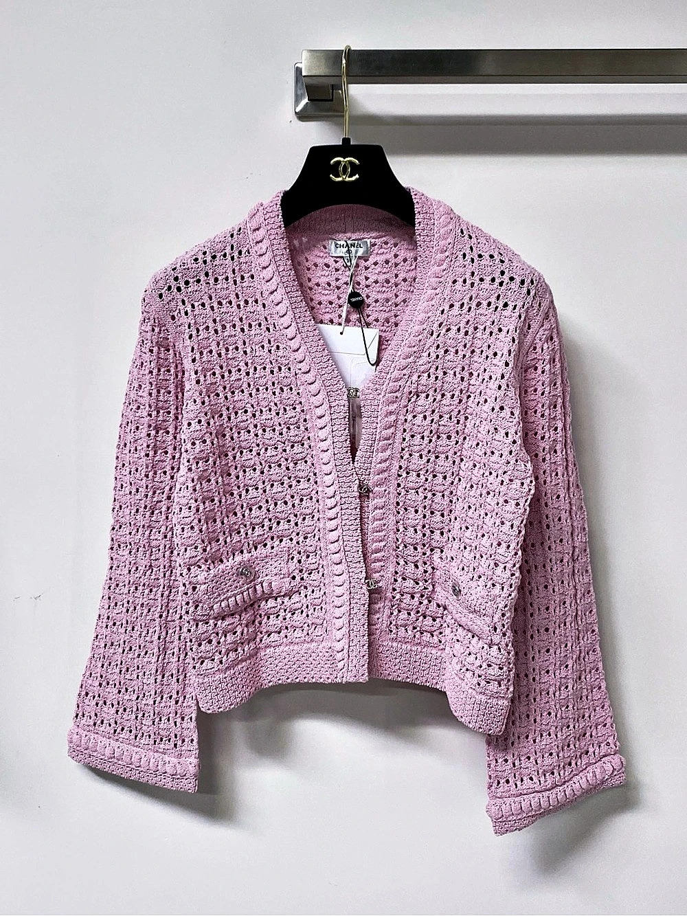 CHANEL Pink Crochet Cardigan Like New